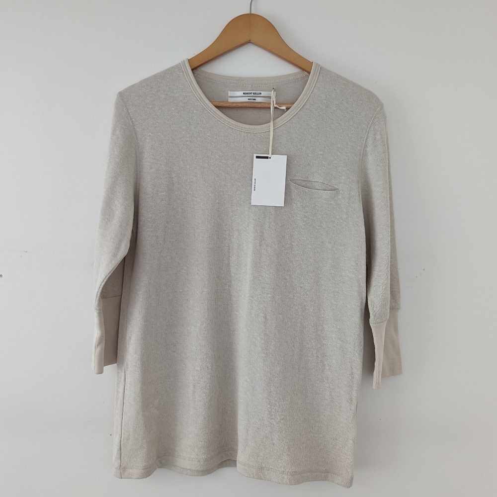 Robert Geller Men's Cotton and Wool Manfred 3/4 Sleeve Shirt. Sand Color. Japan